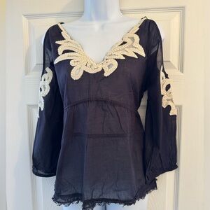 Yoana Baraschi Open Shoulder Blouse  Lace Black Raw Hem size S